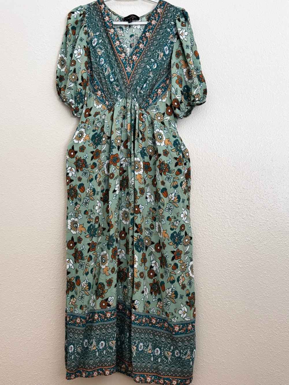 Suzanne Betro Sage Green Floral V-Neck Maxi Dress